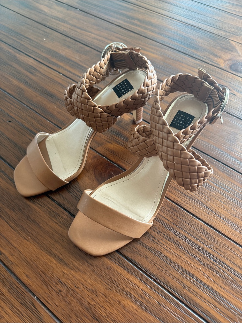 White House Black Market Woven Strap Tan Heeled Sandals. Size 8